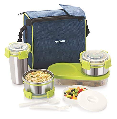 Magnus Lunch Box With Detachable Clip Lock, Leak Proof Containers & Bag, Stainless Steel, 5 Pcs Set
