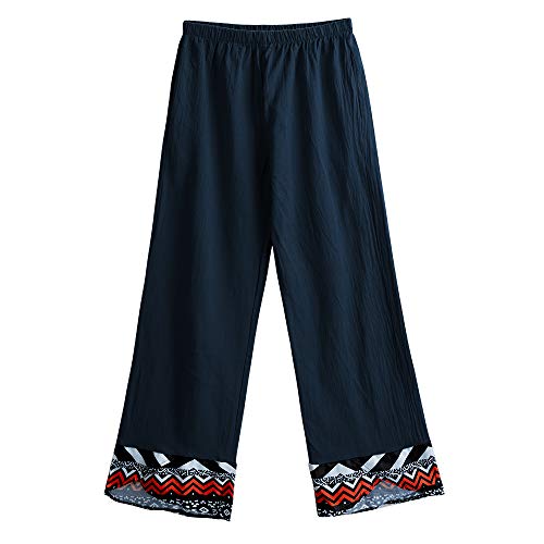 pedkit Mulheres do vintage Pernas Largas Calças Geometria Impressão Cintura Elástica Bolso de Linho