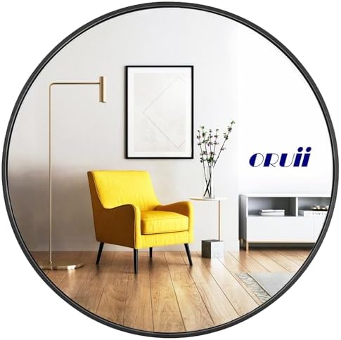 Oruii Round Mirror, Black Round Mirror 24 Inch, Circle Wall Mirror Metal Frame, Round Mirror for Wall, Living Room, Bathroom, Vanity, Entryway, Hallway