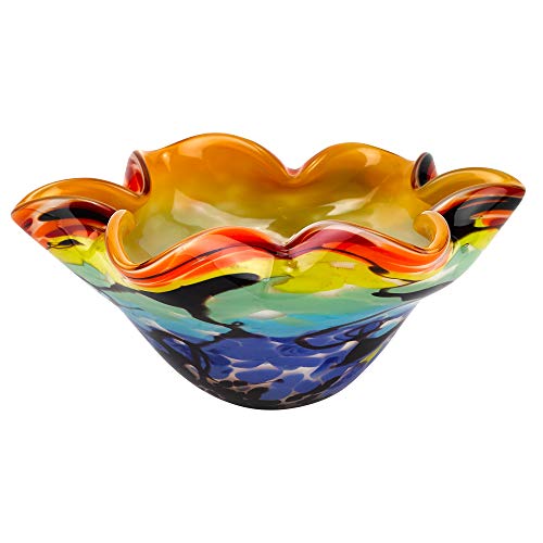 World Gifts Elegant & Modern Murano Style Art Glass Colorful Centerpiece for Home Decor (Allura Wavy Bowl, 8.5x3.5 Inches)