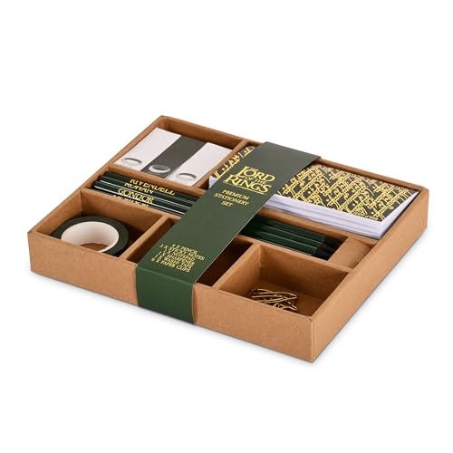 Elbenwald Set de Escritura El Señor de los Anillos con Diseño del Anillo Único - con Marcadores, Mini Cuaderno, Lápices, Sacapuntas, Cinta Adhesiva, Clips - Set 20 x 16,5 x 3 cm - Verde