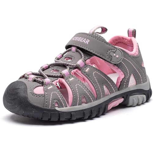 HOBIBEAR Kinder Jungen Outdoor Sandalen Trekkingsandalen Sport Sandalen Mädchen Geschlossen Wandernsandalen Sommer Atmungsaktiv Rutschfest Hiking Sandal Sportsandalen für Kinder Grau-rosa 33 EU