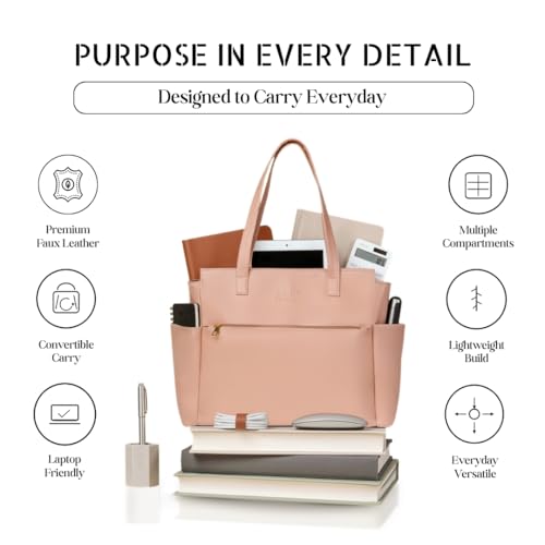 Image of Convertible Tote Bag & Backpack for Women | Faux Leather, 15.6 inch Laptop Compartment | Office, Travel & Everyday Carry | Large, 37cm | Pink