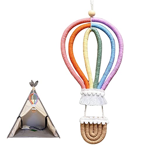 Abibiocy Nursery Decoration Rainbow Macrame Wall Hanging Woven Hot Air Balloon Wall Decor for Kids Girls Room Decor Nursery Room