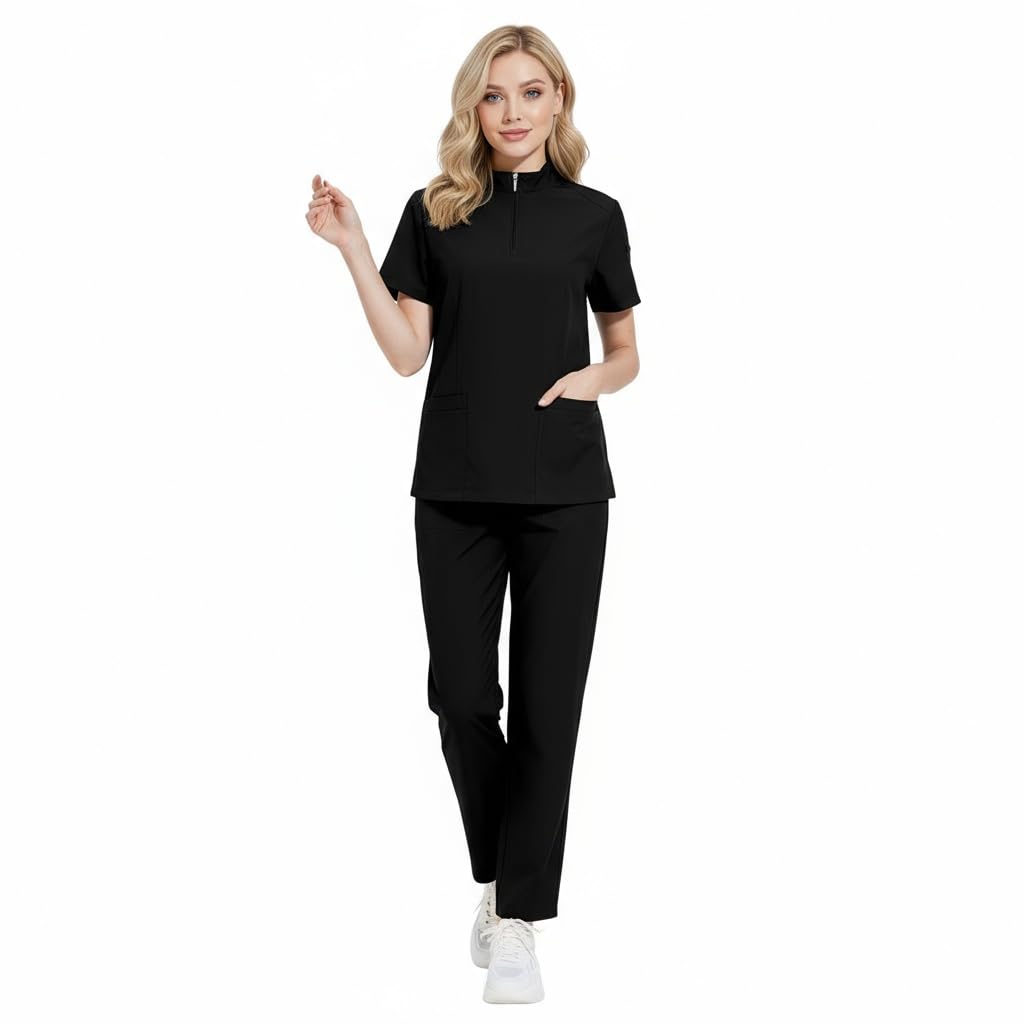 Set de uniformes médicos para mujer con cuello en V y cremallera, cuatro bolsillos, pantalón de yoga elastizado, uniforme de trabajo para atención médica, salón de belleza DK50