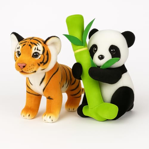 Image of Soft Plush Toy Combo ? Realistic Tiger (30cm) & Cute Panda with Bamboo (30cm) ? Combo Gift Set for Kids, Boys & Girls ? Animal Stuffed Toys for Play, Decor & Gifting