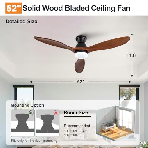 Image of Dimmable 52 Inch Flush Mount Ceiling Fans with Lights and Remote, 3 Blade Wood Bedroom Ceiling Fan with Lights Low Profile Ceiling Fan with Light Black Outdoor Ceiling Fans for Patios Living Room