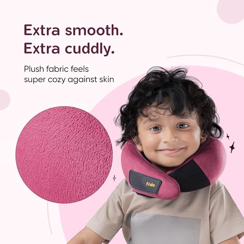 Image of Frido Kids Memory Foam Travel Neck Pillow with Travel Pouch | 360 Chin & Neck Support for Comfortable Sleep | Adjustable Velcro Straps | Ideal for Car, Flight & Road Trips | Wine