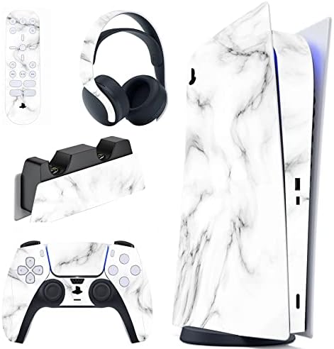 playvital Black Watercolor Marble Full Set Skin Decal for ps5 Console Digital Edition, Sticker Vinyl Decal Cover for ps5 Controller & Charging Station & Headset & Media Remote