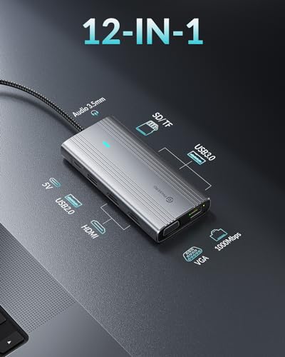 Estación de acoplamiento laptop DisplayLink USB C hub 12 en 1 PHIXERO plata 6