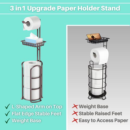 Toilet Paper Holder Stand With Reserve And Dispenser For 4 Mega Roll, Bathroom Freestanding Toilet Tissue Storage With Shelf For Wipes And Phone, Bronze #TOP1