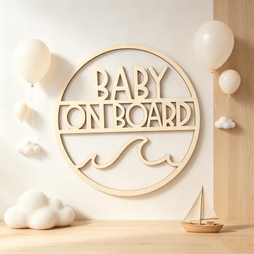 FCGSFJ Wooden Baby On Board Sign for Backdrop,Summer Beach Baby Shower Party Decorations,Baby On Board Decal Sign for Balloons Arch Backdrop,Gender Reveal Sign Wall Decal,Newborn Birthday Photo Props