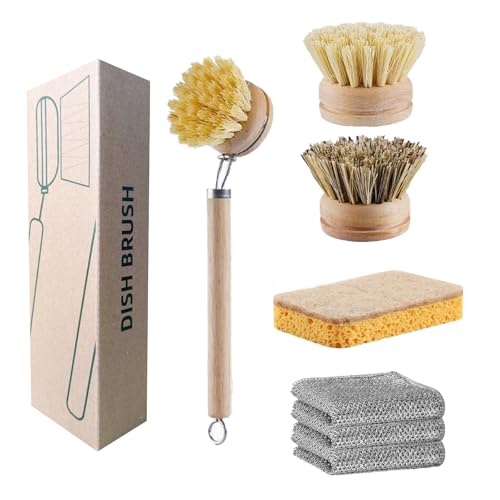 LIANRISES Cepillo Cocina Madera Bambu Platos Limpieza, Cepillo Lavavajillas, Ecológico Natural, 1 Mango Y 3 Cabezas De Reemplazo, 1 Esponja Y 3 Trapos Cocina