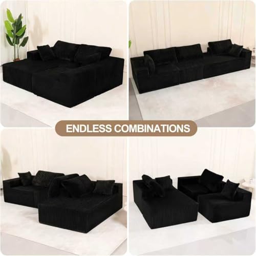 Image of L Shaped Modular Boneless Sectional Couches for Living Room, Wide Armrest, Deep Seat, Memory Foam, Assembly Free, Modern Comfy Corduroy Fluffy Cloud Sofa with Left Chaise, Black