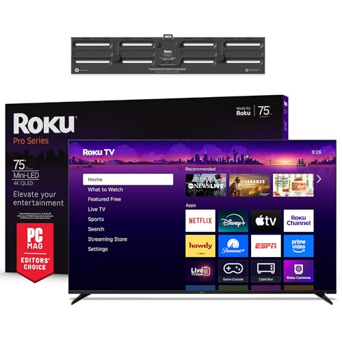 Roku Smart TV – 75-Inch Pro Series, Mini-LED TV – RokuTV with Backlit Voice Remote Pro – Flat Screen 4K QLED Television Wall Mount Kit for 75-Inch Pro Series TV - Ultra-Slim