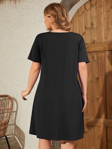 Image of AusLook Plus Size Midi Dress for Women V Neck Short Sleeve Summer Casual Loose Fit Vacation Sundress with Pockets 1X-5X