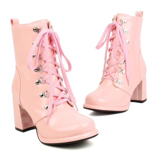 Women's Chunky High Heels Ankle Boots Lace Up Zip Round Toe Patent Leather Winter Dressy Short Booties2