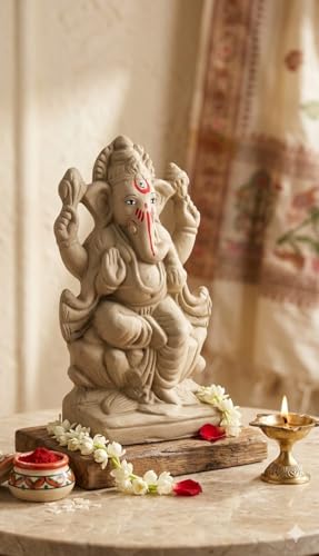 Image of SAUDEEP INDIA 6 Inch Mitti Ganesh Idol | Eco-Friendly Handcrafted Mud /Clay Ganesh Murti | Ganpati Figurine for Visarjan | Biodegradable Lotus Ganesha Statue | Ganesh Chaturthi (Lotus Design)