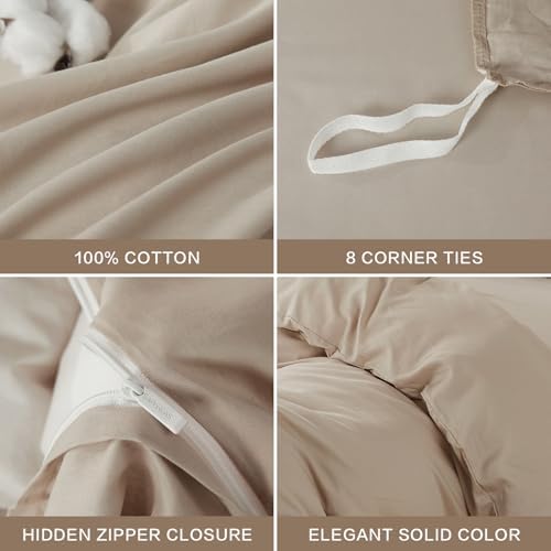 Duvet Cover Set King Size 100% Organic Cotton, SAPHREAS 3 Pcs Soft Bedding Comforter Cover with Zipper Closure & Corner Ties, Comforter Not Included, Beige - 3