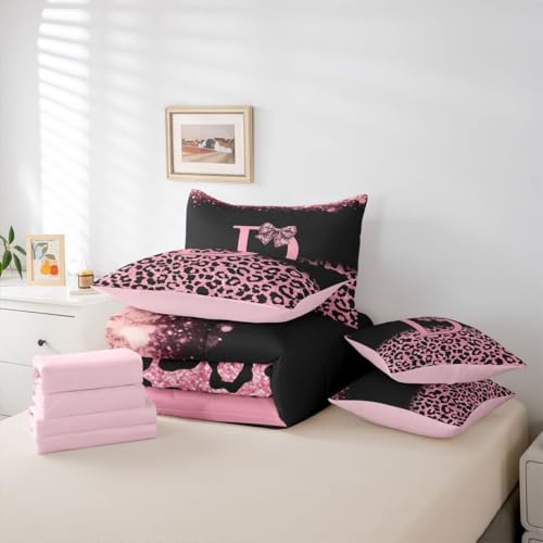 Image of Feelyou Bow Initial Letter D Comforter Set with Sheets 7 Piece Full Size Glitter Leopard Print Bedding Set for Kids Boys Girls Girly Bow Bed in a Bag Room Decor Soft Lightweight Microfiber
