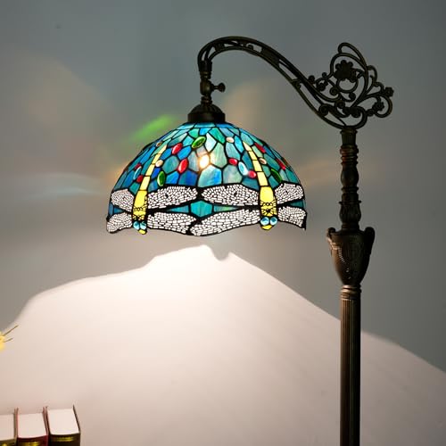 Blivuself Tiffany Lámpara de pie Lámpara de pie de la vendimia Verde Azul Libélula Vidrieras Lámpara de pie rústico Rincón Lámpara de pie de cuello de cisne con ángulo ajustable