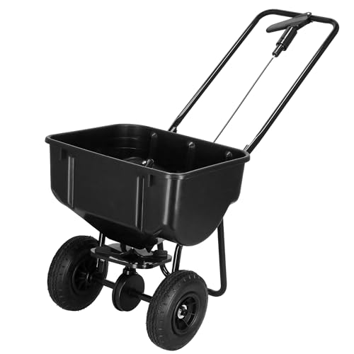 SPRINGOS Carro esparcidor de 25 kg de capacidad, negro, con 2 ruedas neumáticas, diámetro de 21 cm, recipiente de acero y plástico, 48 x 37 x 25 cm, para semillas, fertilizante, sal de carretera