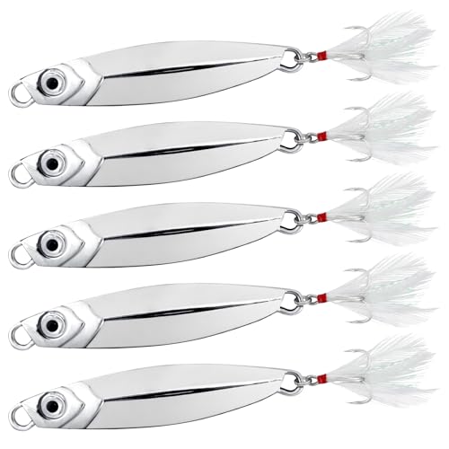 Alwonder 5pcs Sea Fishing Lure Vertical Jigging Spoons 10g for Mackerel Cod Bass Pike Sea Fishing Tackle with Treble Hooks Long Casting Spinners Metal Jigs