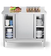 ROVSUN All Stainless Steel Table with Cabinet, 39" x 19" NSF Commercial Heavy Duty Prep Work Tabl...