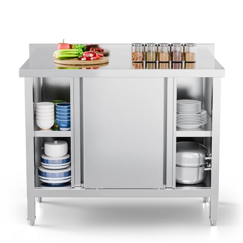 ROVSUN Stainless Steel Table with Cabinet 39 x 19 Commercial Pre Table with Backsplash Heavy Duty with 2 Sliding Doors Large Space Storage for Kitchen Restaurant Hotel Garage Warehouse