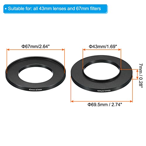 Image of PATIKIL 43mm-67mm Metal Step Up Ring, 2 Pack Camera Lens Filter Adapter Ring Aluminum Filter Adapter Ring for Camera Lenses Hood, Black