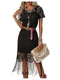 WDIRARA Women's Western Concert 2 Piece Outfits Short Sleeve Sheer Fringe Dress and Cami Dress Set Black Medium