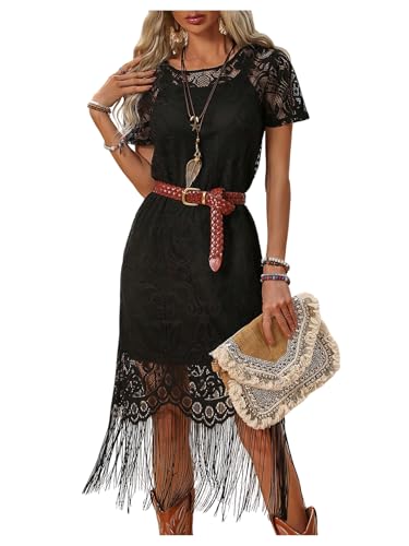 WDIRARA Women's Western Concert 2 Piece Outfits Short Sleeve Sheer Fringe Dress and Cami Dress Set