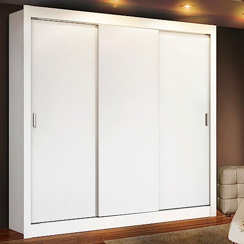 Image of Madesa 3 Sliding Doors Wardrobe Ample Storage Wooden Almirah 170 Cm with Shelves and Hanging Units for Bedroom - White