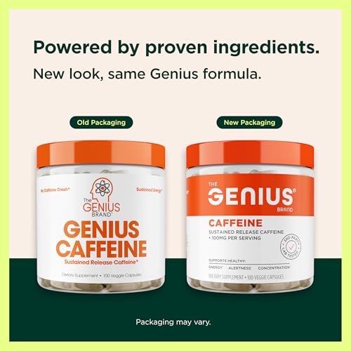 Image of Genius Caffeine - Sustained-Release Microencapsulated Caffeine Pills for Smooth, Long-Lasting Energy & Focus - No Jitters or Crash - 100mg per Capsule - 100 Servings - Natural Performance Booster