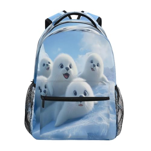 White Harp Seal Backpack for School Boys Girls Adults Kids Bookbag Laptop Bag 15L