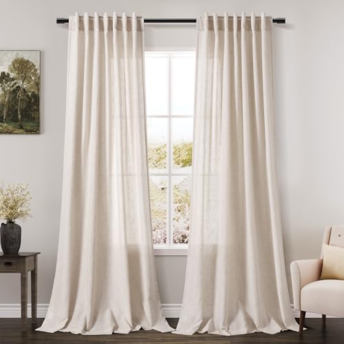 Image of Beige Flax Linen Curtains 84 inches Long for Living Room 2 Panel Tan Burlap Textured Linen Drapes Semi Sheer Privacy Window Curtain Vintage Country Rustic Farmhouse Drop Cloth Curtain for Dinning Room