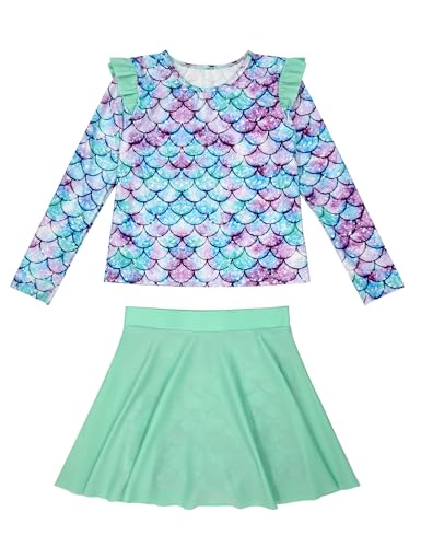 Image of Girls Rash Guard Swimsuit Set Long Sleeve 2 Pieces Bathing Suit Swimming Skirt with Shorts 4-13Y