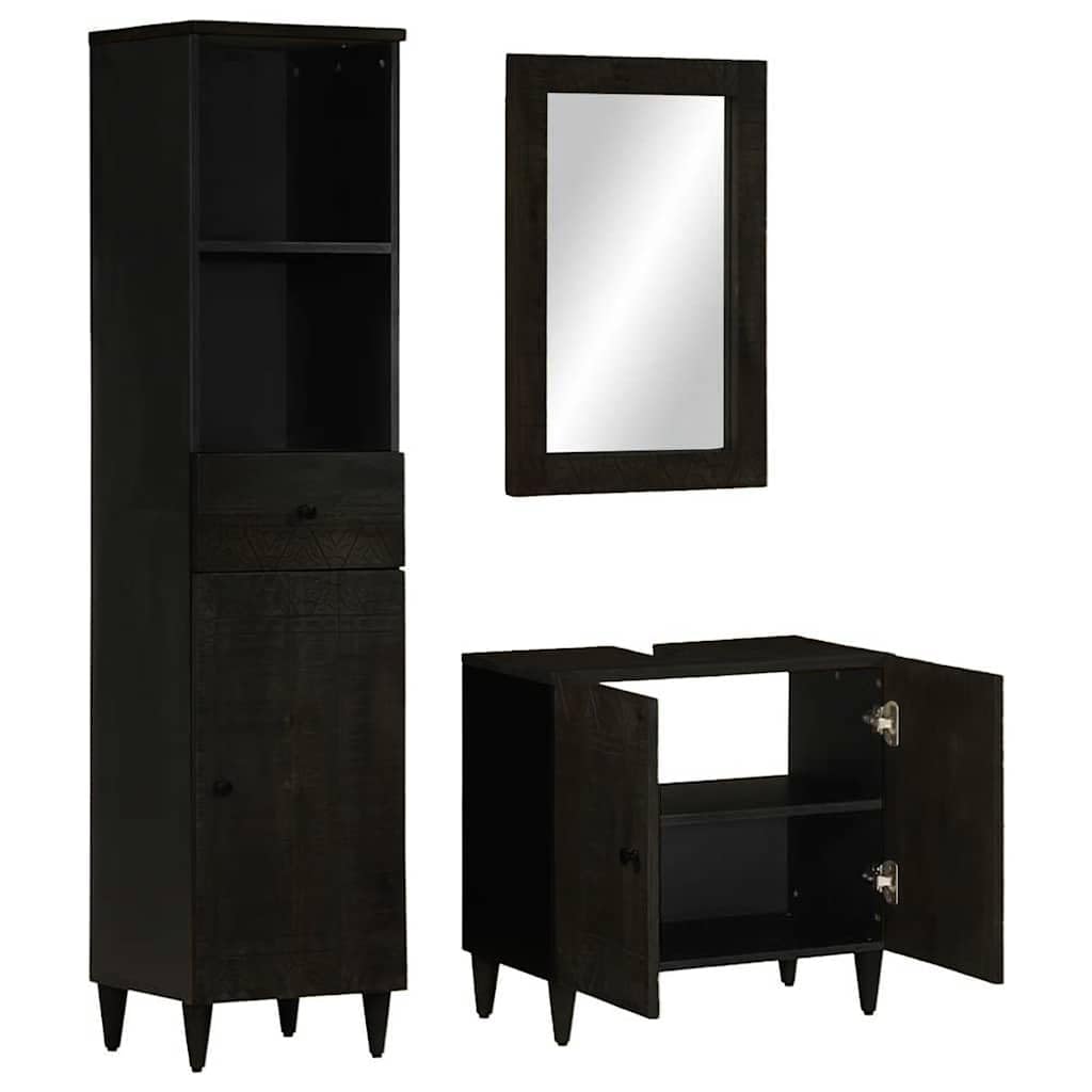 Lot de 3 meubles de salle de bain en bois massif de mangue, noir, sculpté à la main, 62 x 33 x 58 cm, meuble de salle de bain durable pour un rangement élégant