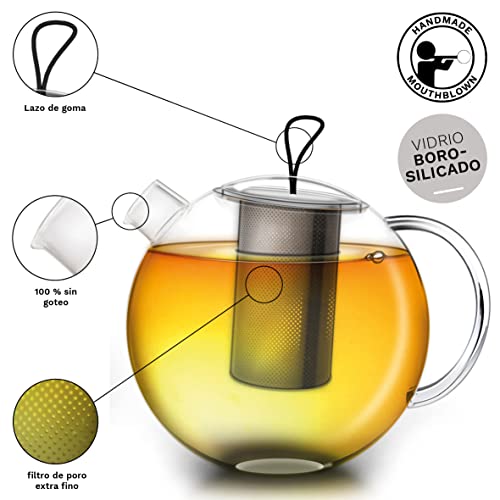 Creano Tetera JUMBO, Tetera de Vidrio en 3 Piezas en un Juego de Tetera con Filtro Integrado de Acero Inoxidable y Tapa de Vidrio | 1,0L - Imagen 4