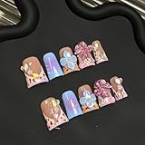 10 Pcs Duck Handmade Press on Nails French Tip Fake Nails 3D Blue Flower False Nails with Glue,Colorful Rhinestone Bow Designs Glue on Nails Full Cover Glossy Acrylic Stick on Nail for Women (S)