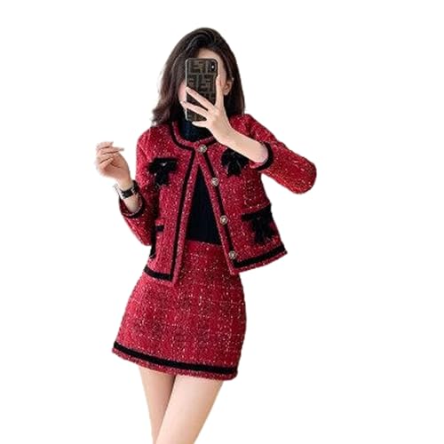 Ensemble 2 pièces en tweed femme veste col nœud papillon jupe tailleur automne
