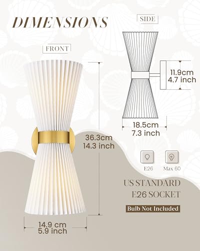 Image of Wall Sconces Set of Two, HWH 14.3 Inch Gold Bathroom Light Fixtures with Milk White Striped Fabric Shade, Modern Wall Light fixtures for Living Room Bedroom, 5HZG97B-2W-2PK BG-FB
