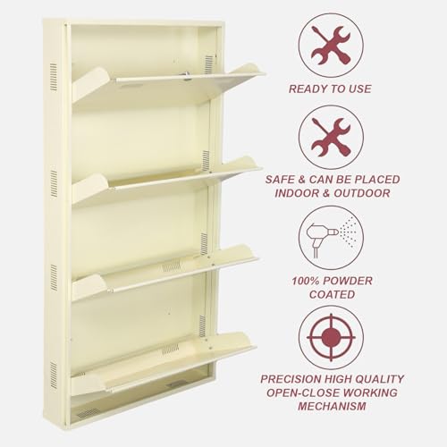 Image of Metal Shoe Rack Wall Mounted for Home with Central Locking | 4 Door 28 inch Wall Mounted Metal 12 Pair Shoe Rack Cabinet | Pre-Assembled Rack Shelves | 3 Year Warranty (Ivory)