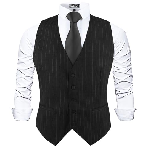 Image of Alizeal Mens Pinstripe Business Vest Formal Fit | V-Neck Bollar 5-Button Front Waistcoat for Suit Tuxedo and Formal Events