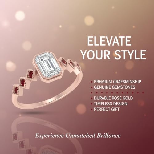 Image of Choose Your Gemstone Bezel Set Emerald Accented Diamond CZ Ring Rose Gold Plated Emerald Shape Side Stone Engagement Rings for Women, Girls and Ladies US Size 4 to 12