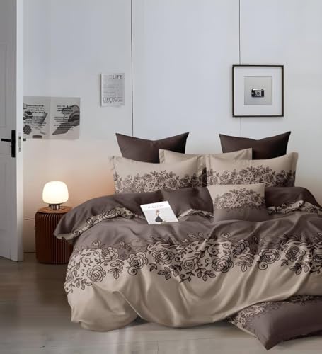 Image of NHD HOME 100% Cotton Feel Double Bed Bedsheet Set 144 TC Soft & Breathable Beige Multi Color Wave Print with 2 Pillow Covers Wrinkle Free for Bedroom (95 x 90 Inches) Light Brown