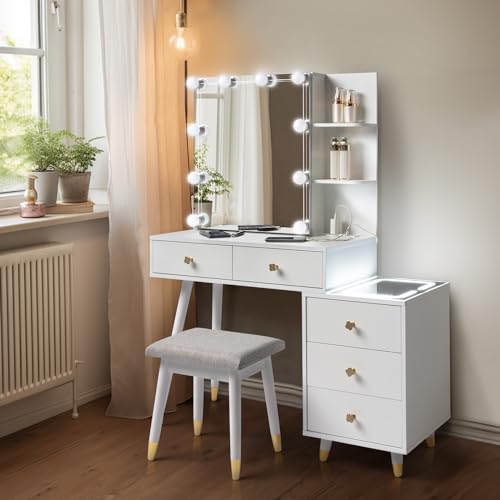 Karl home Lighted Vanity Desk with Mirror Cabinet & Charging Station Modern Makeup Vanity Table with 5 Drawers, Storage Shelves, Cushioned Stool, LED Dressing Table Set for Women, White