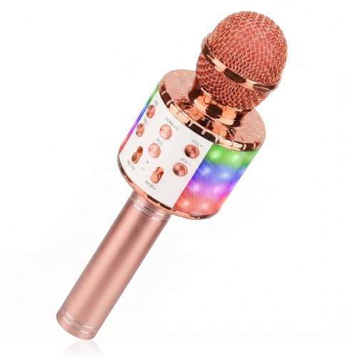 ShinePick Microphone Karaoke sans Fil, Micro Karaoké Bluetooth Portable avec LED Lumière Disco pour Enfants/Adultes Chanter, Compatible avec Android/iOS/PC/Smartphone (Or Rose)