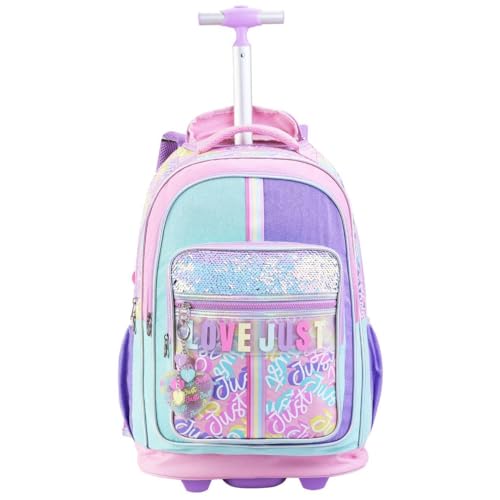Mochila Escolar Infantil com Rodinhas, Alça Telescópica, Bolsos Espaçosos, Compartimento para Notebook, Material Escolar Resistente, Design Colorido para Meninas (Mochila de Rodinhas Raibow Paete)