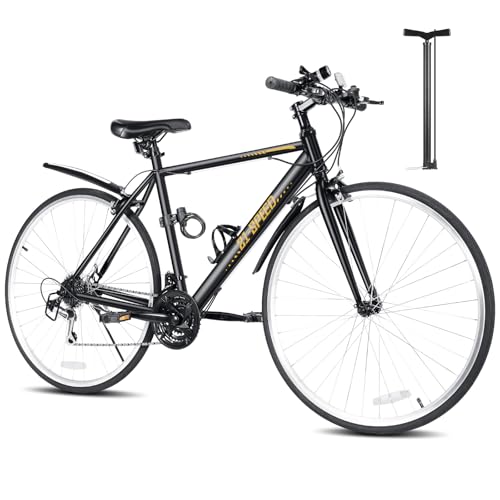 Mixiu クロスバイク シマノ製21段変速 自転車 700C 27インチ相当 高炭素鋼フレーム 軽量 クロスバイク 男女兼用 通勤 通学 旅行 街乗り マウンテンバイク 空気入れ付き、前後泥除け、ワイヤーロック、ライト、反射板、コップホルダー (ブラック